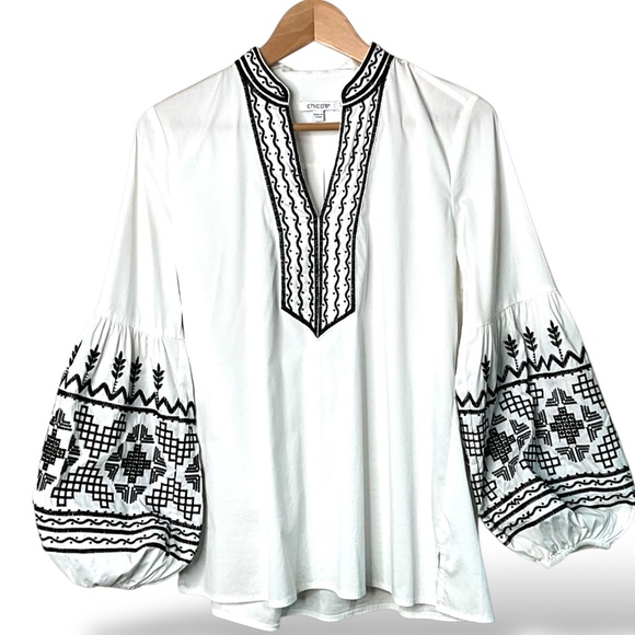 CHICO’S Cotton Poplin Embroidered and Beaded Balloon Sleeve Boho Blouse US Sz 2 - Picture 3 of 14